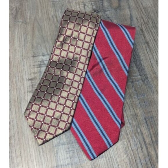 Lands' End Lot Of 2 Luxury 100% Silk Neck Ties Red/Blue Striped & Gold/Maroon - Picture 1 of 7